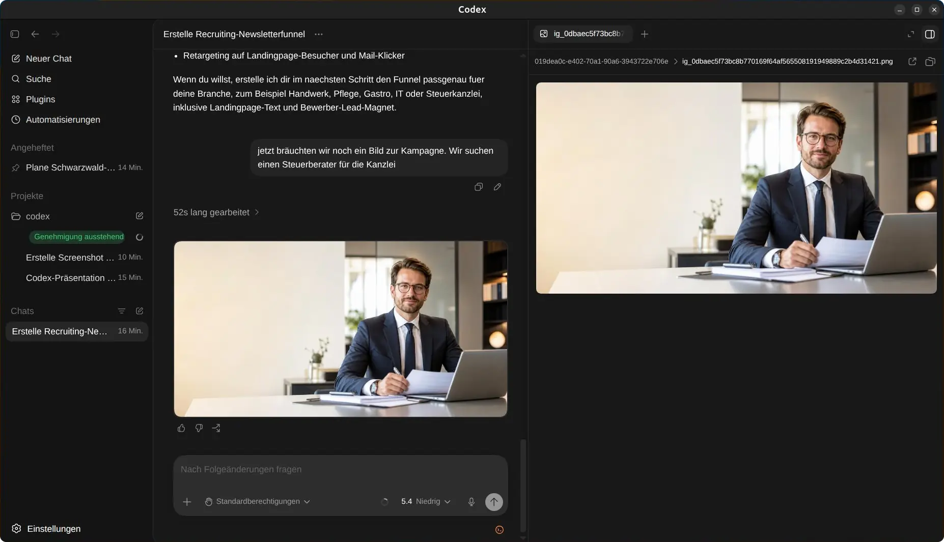 OpenAI Codex App im Test bei der Erstellung eines Kampagnenbilds mit separater Artefakt-Ansicht