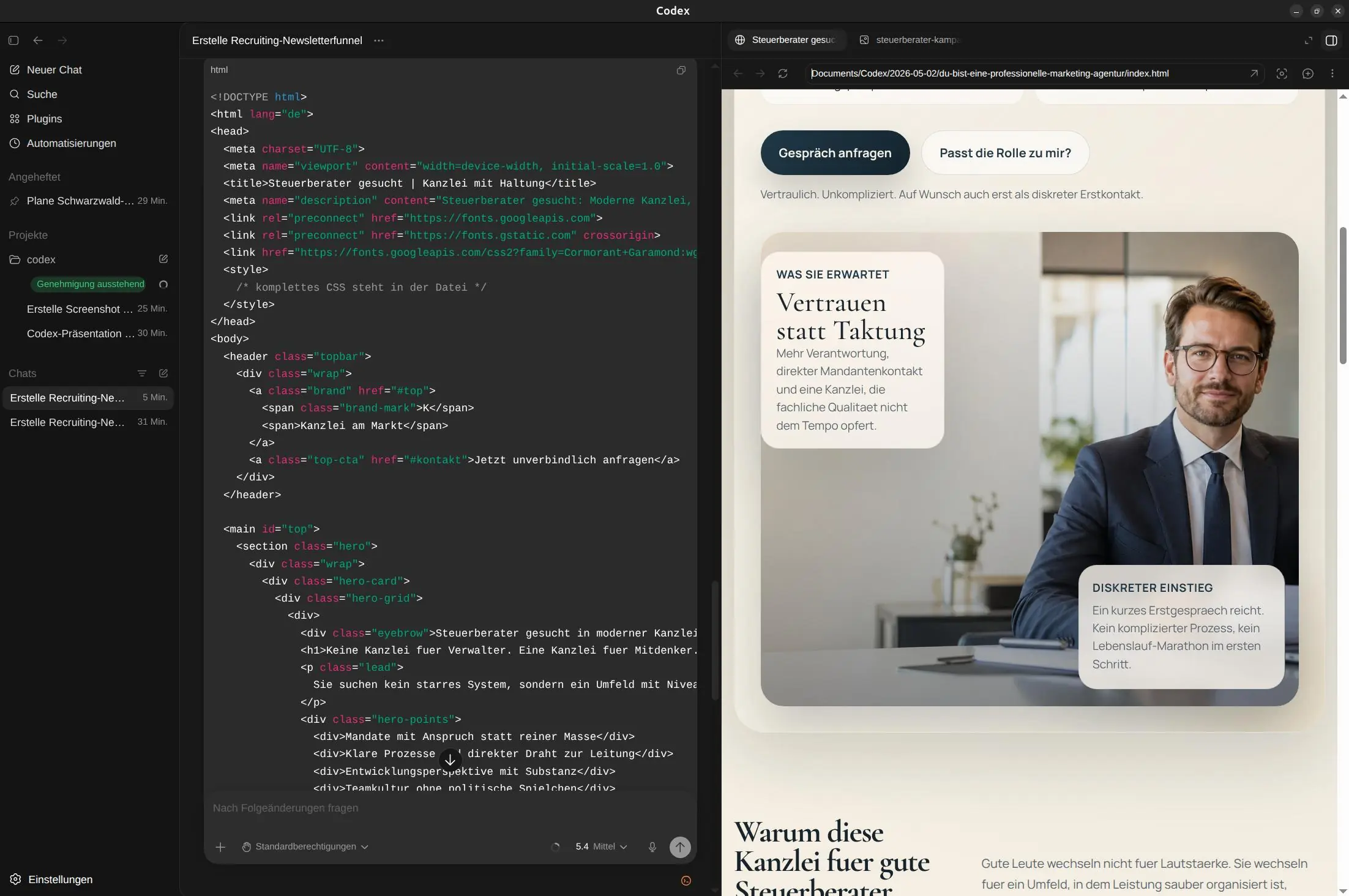 OpenAI Codex App mit erzeugter Landingpage und paralleler Vorschau des Ergebnisses im Browserfenster