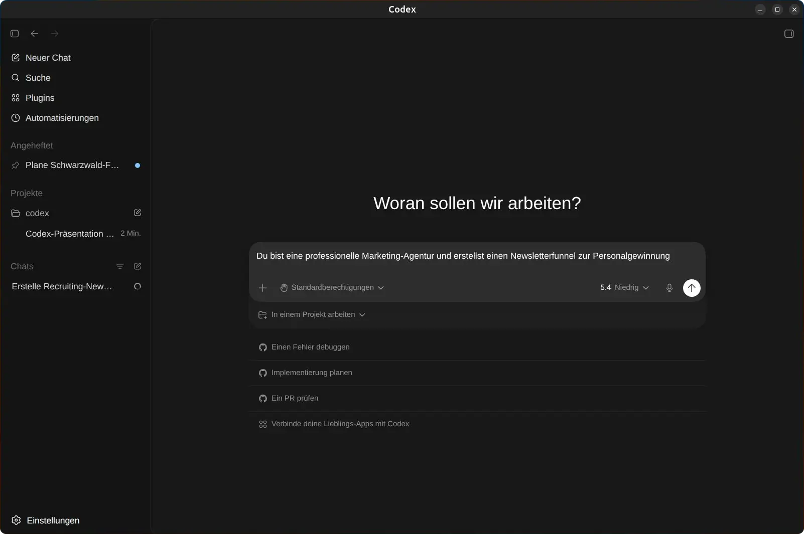 Neue Aufgabe in der OpenAI Codex App mit Prompt, Berechtigungen und Projektzuordnung
