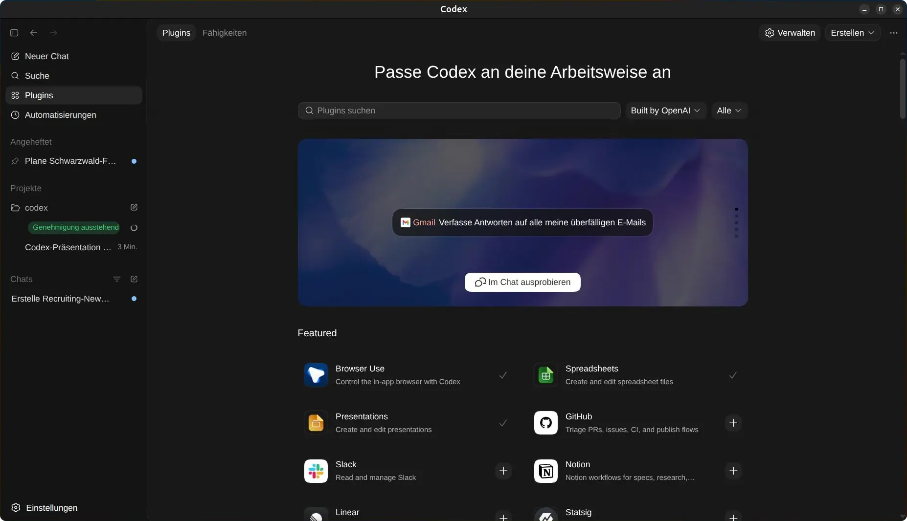 Plugin-Ansicht der OpenAI Codex App mit Browser Use, GitHub, Slack, Notion und weiteren Integrationen